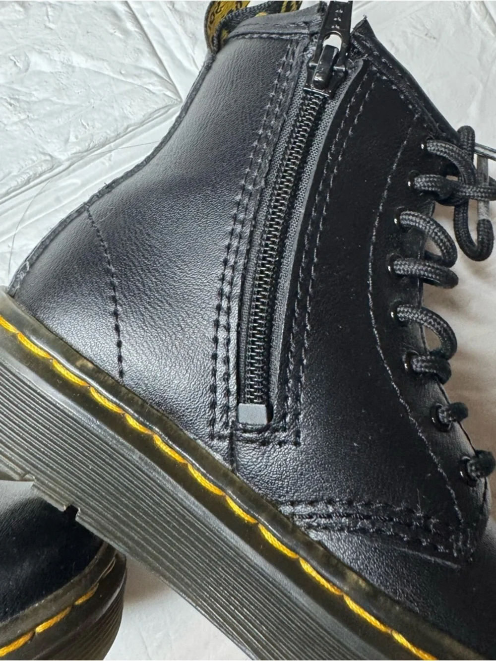 Dr. Martens Toddler US8 Kids Black Leather Lace-Up Boots with Yellow Stitching